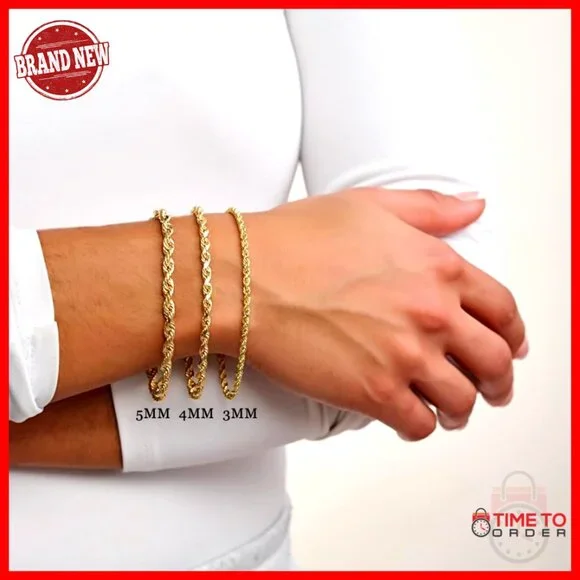 10K Gold Rope Chain Bracelet, 9 Inch, 5MM Width, Lightweight, Lobster Claw Clasp